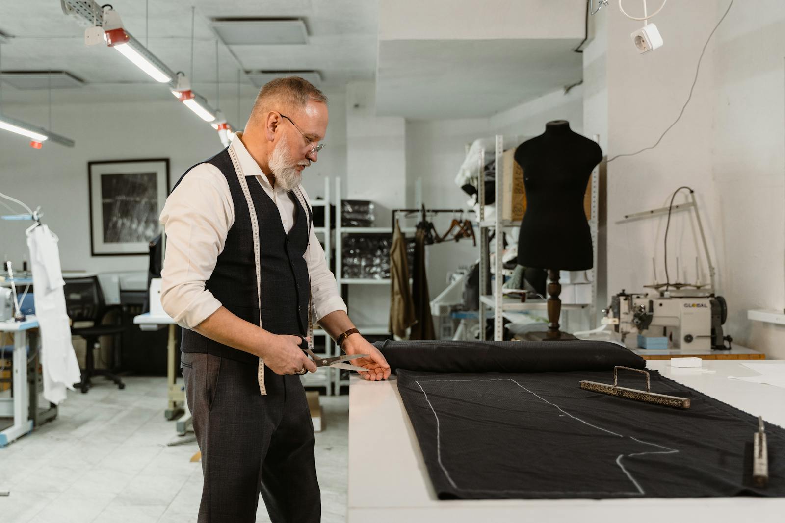 Elderly tailor meticulously creating custom garments in a contemporary workshop.